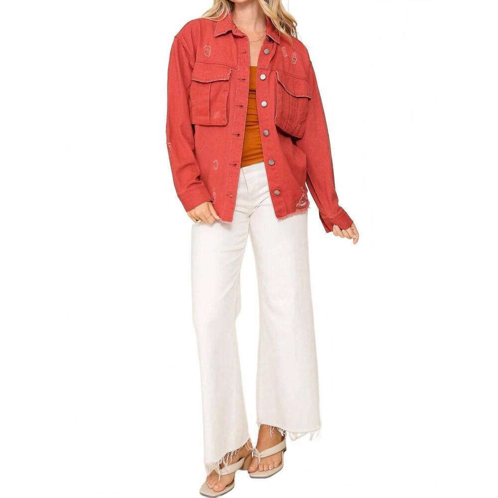 NEW TIMING hanging in there denim jacket in mauve